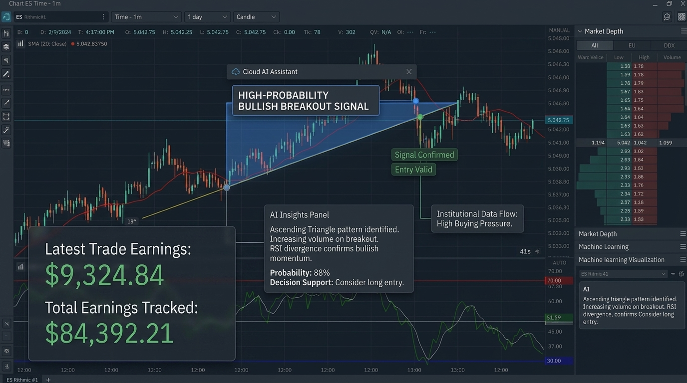 Cloud AI analytics dashboard showing financial data visualization and performance metrics